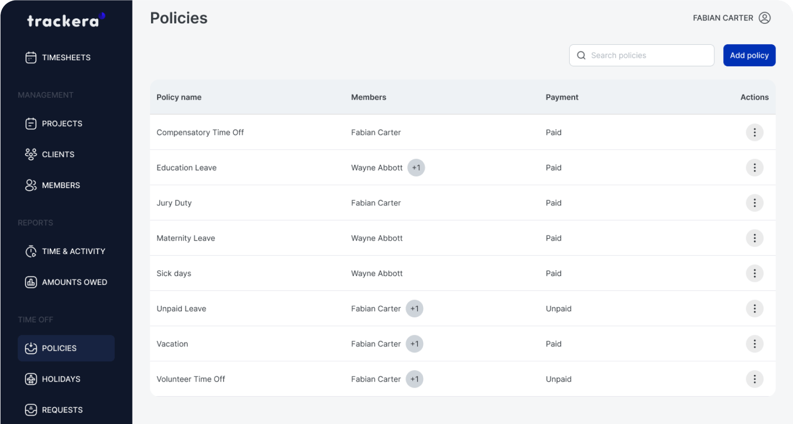 time off policies feature - Trackera