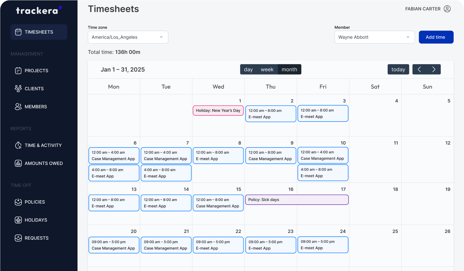 Timesheet and calendar features - Trackera