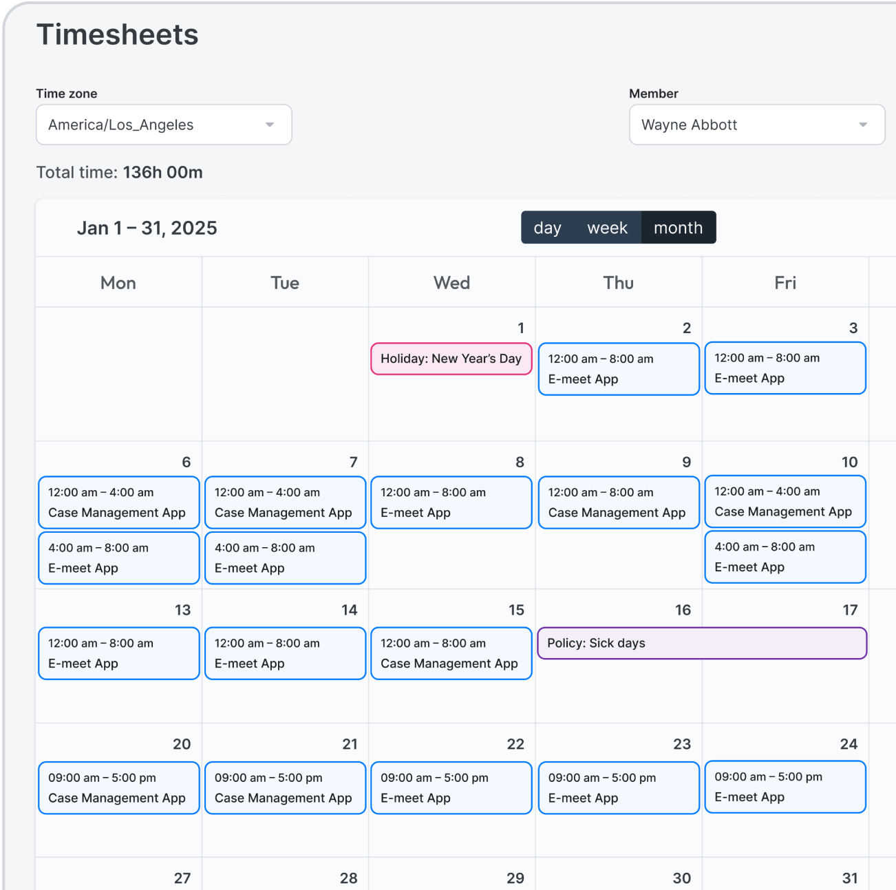 Timesheet and calendar features - Trackera