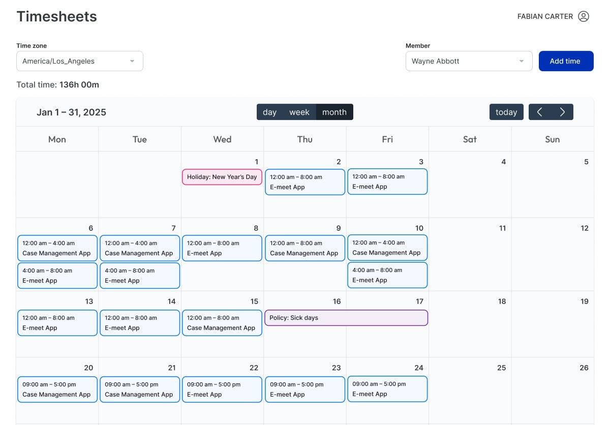 Timesheet and calendar features - Trackera